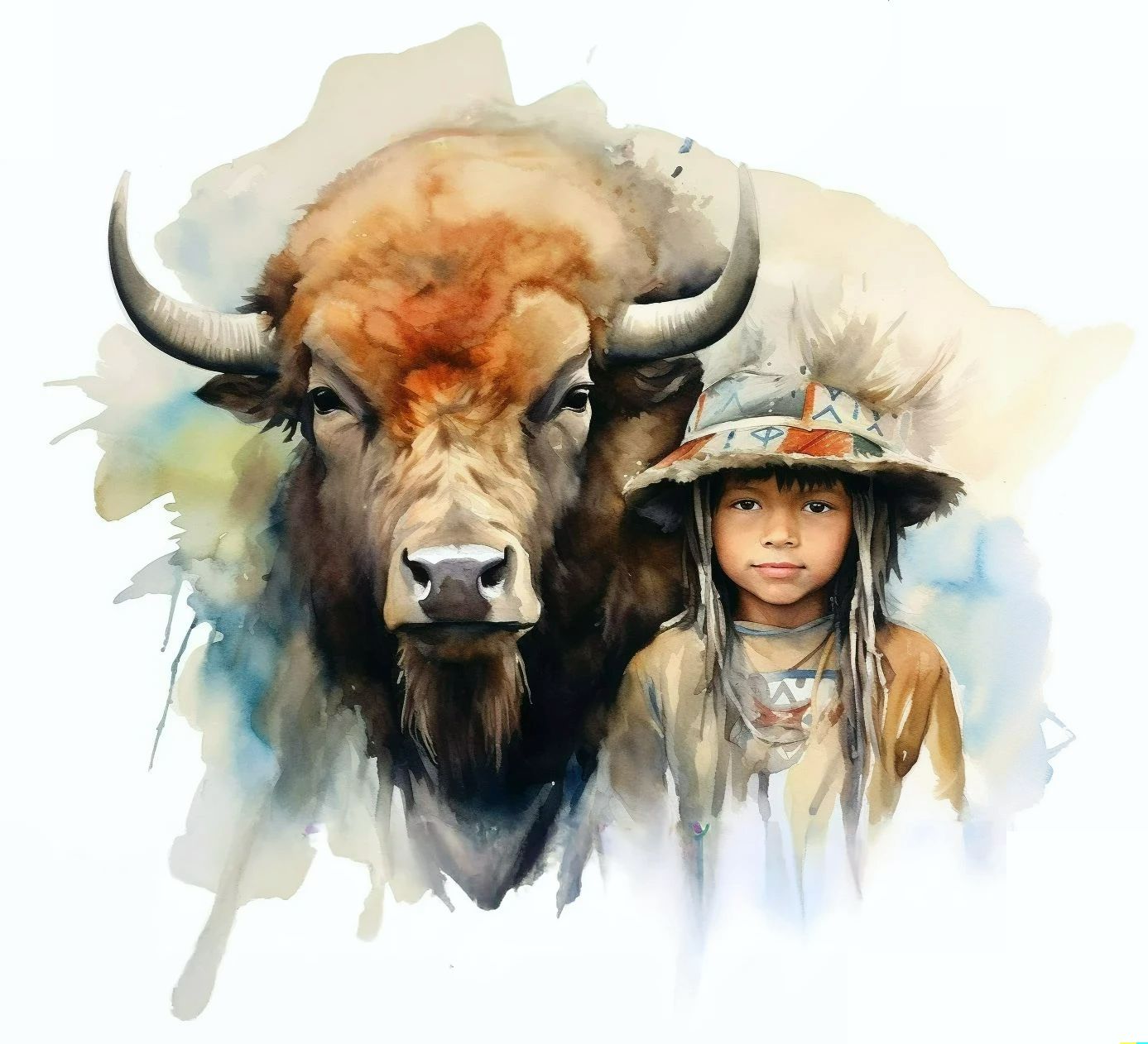 adorable american indian boy and his buffalo friend