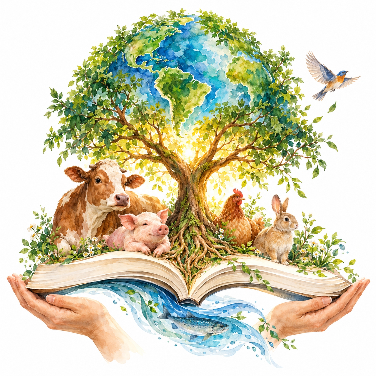 Ilustração em aquarela: mãos sustentando um livro aberto de onde brota uma árvore em forma de planeta, cercada por uma vaca, um porco, uma galinha, um coelho, um pássaro e um peixe