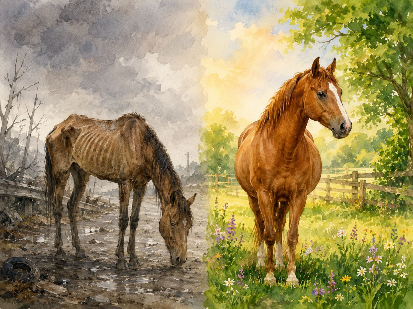 Cavalo antes e depois do acolhimento no Santuário Filhos de Shanti