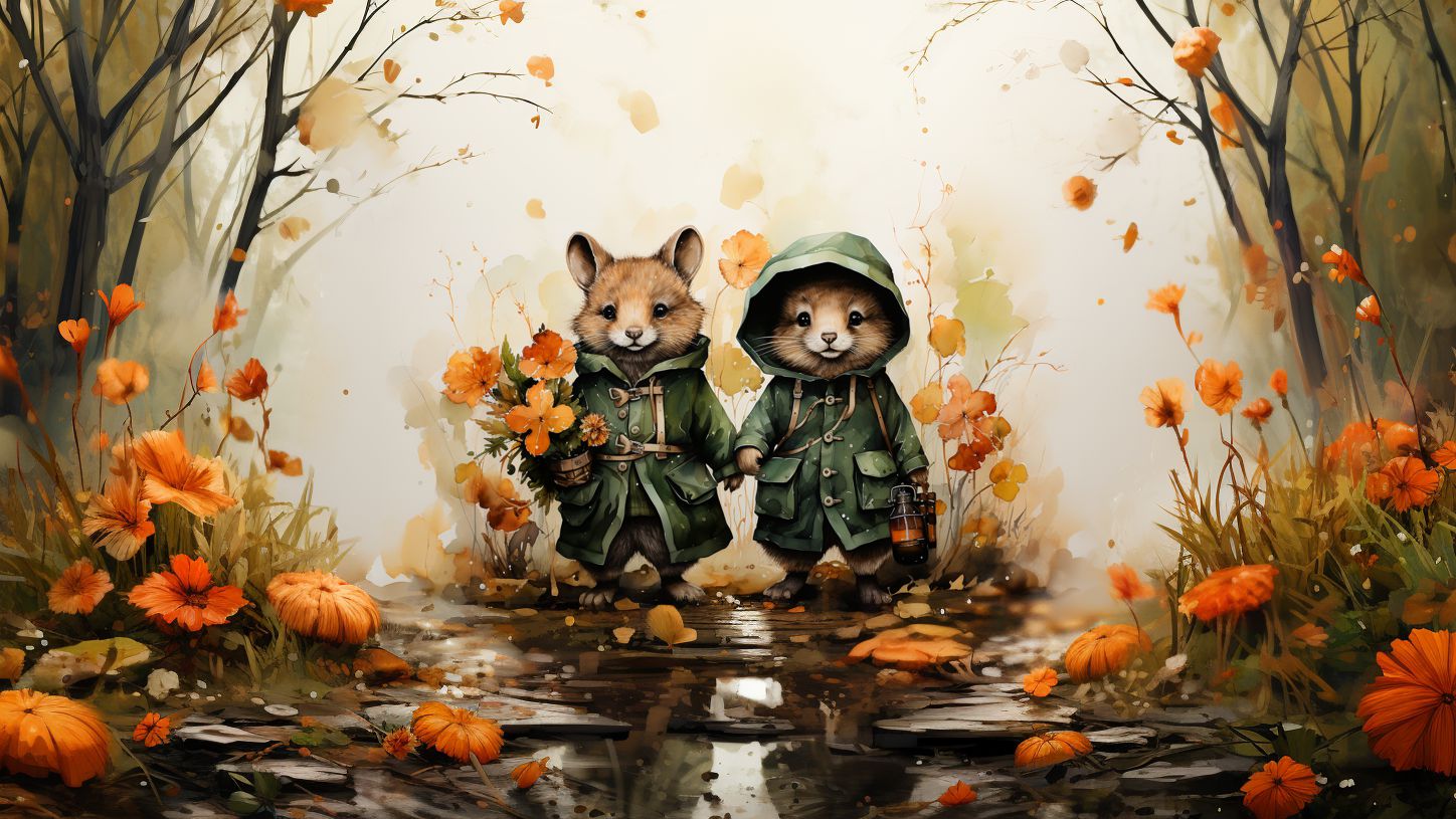 Ilustração em aquarela de dois animais com capas verdes em uma floresta outonal — Amigos e Parceiros do Guia Vegano