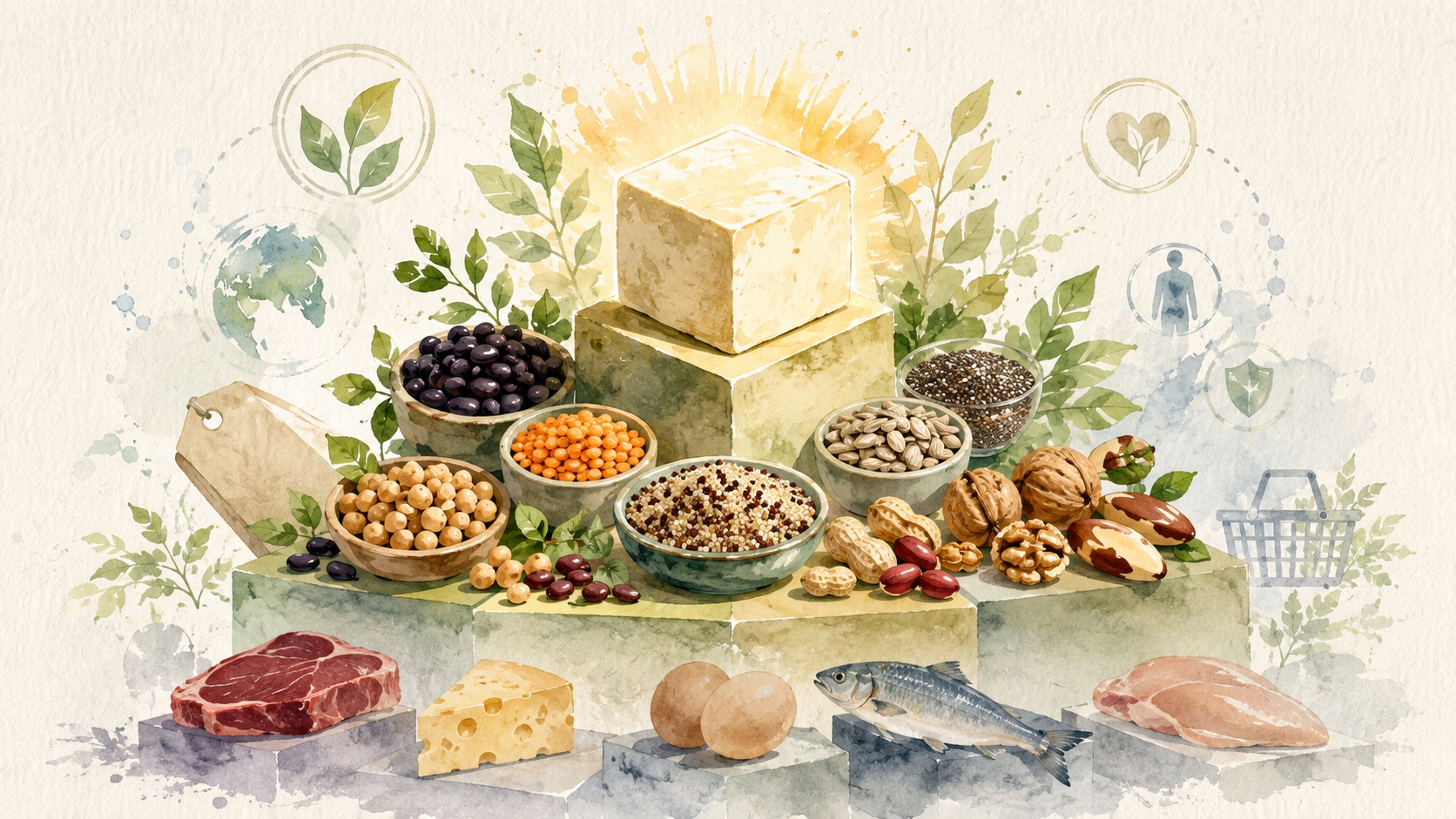 Ilustração em aquarela de uma pirâmide de alimentos proteicos: no topo, um bloco de tofu iluminado; ao redor, tigelas de feijão preto, lentilha, grão-de-bico, quinoa, chia, sementes de girassol e castanhas; na base, em tons acinzentados, carne bovina, queijo, ovos, peixe e frango.