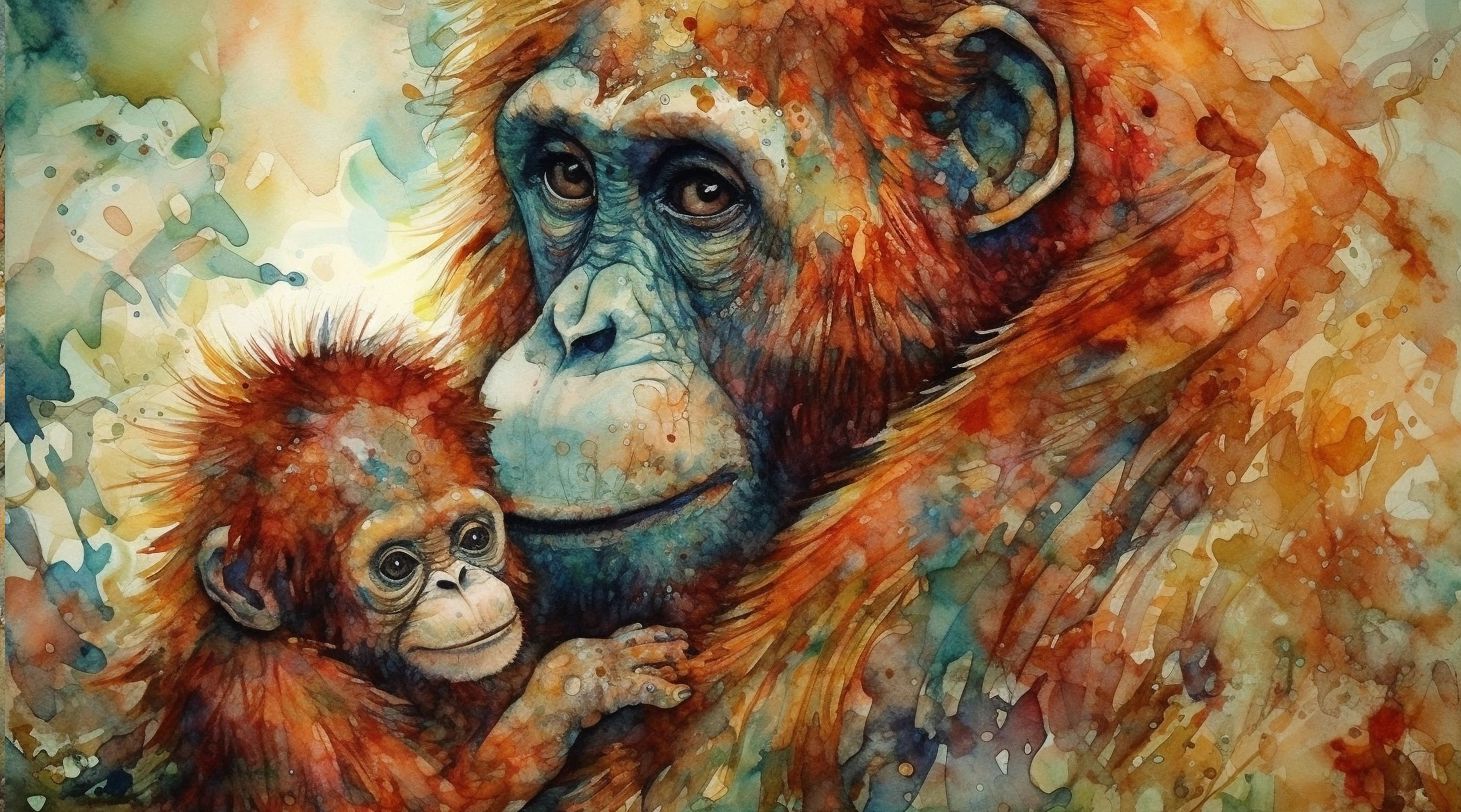 orangutan and her baby waterpainting