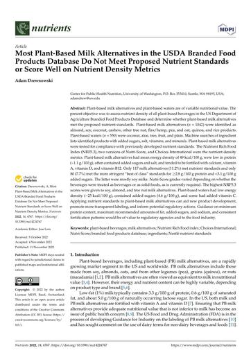 Most Plant-Based Milk Alternatives in the USDA Branded Food Products Database Do Not Meet Proposed Nutrient Standards or Score Well on Nutrient Density Metrics