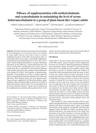 Eficácia da suplementação com metilcobalamina e cianocobalamina na manutenção do nível de holotranscobalamina sérica em adultos com dieta à base de plantas (vegana)