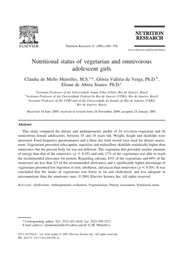 Nutritional status of vegetarian and omnivorous adolescent girls