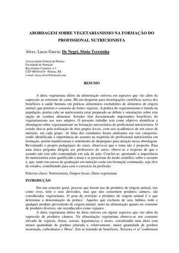 Artigo   Abordagem sobre vegetarianismo na formação do profissional nutricionista   Sônia Teresinha De Negri