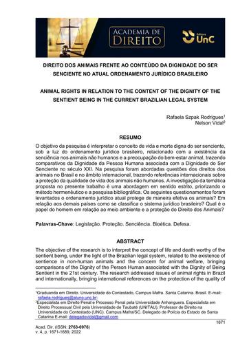 Direito dos animais frente ao conteúdo da dignidade do ser senciente no atual ordenamento jurídico brasileiro