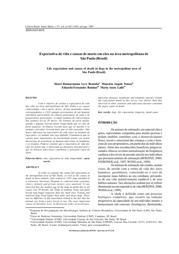 Expectativa de vida e causas de morte em cães na área metropolitana de São Paulo (Brasil)