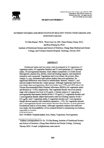 NUTRIENT INTAKES AND IRON STATUS OF HEALTHY YOUNG VEGETARIANS AND NONVEGETARIANS