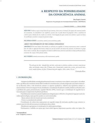 A RESPEITO DA POSSIBILIDADE DA CONSCIÊNCIA ANIMAL
