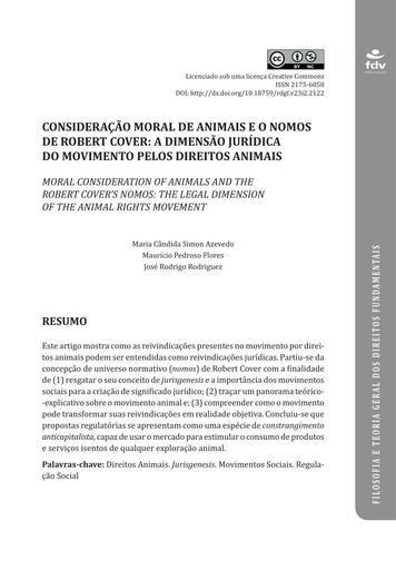 CONSIDERAÇÃO MORAL DE ANIMAIS E O NOMOS DE ROBERT COVER: A DIMENSÃO JURÍDICA DO MOVIMENTO PELOS DIREITOS ANIMAIS