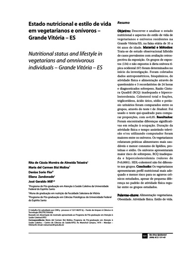 Estado nutricional e estilo de vida em vegetarianos e onívoros – Grande Vitória – ES