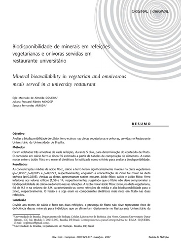 Biodisponibilidade de minerais em refeições vegetarianas e onívoras servidas em restaurante universi